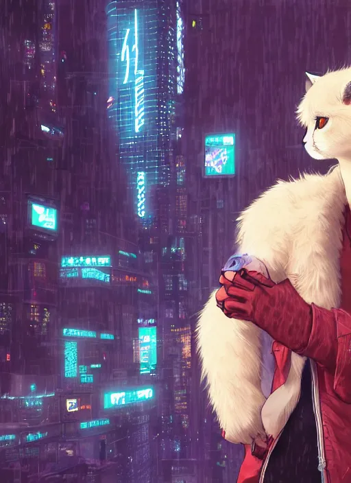 Image similar to character portrait of a male anthro albino mountain lion fursona with a tail and a cute beautiful attractive furry face wearing stylish cyberpunk clothes in a cyberpunk city at night while it rains. hidari, color page, tankoban, 4K, tone mapping, Akihiko Yoshida.