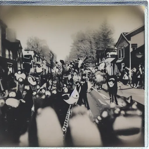 Prompt: an award winning polaroid photograph of a Halloween parade in a small town