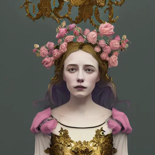 Image similar to 8k, octane render, realism, tonalism, renaissance, rococo, baroque, portrait of a young lady wearing long manga dress with flowers and skulls, background chaotic gold leaf flowers