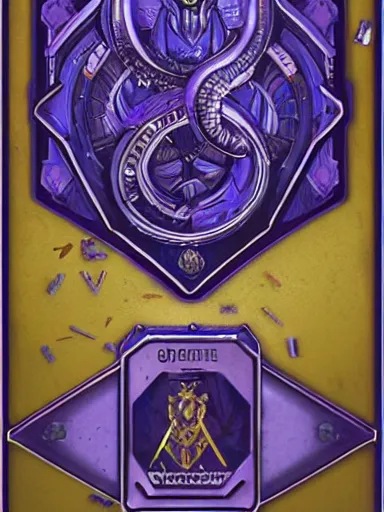 Image similar to Boardgame card back, sci-fi, horror, cyberpunk, ornamental edges, sharp, intricate, symmetrical, Lovecraftian, purple, gold, black and blue, tzeentch, by greg rutkowski and alphonse mucha, 8k, trending on artstation