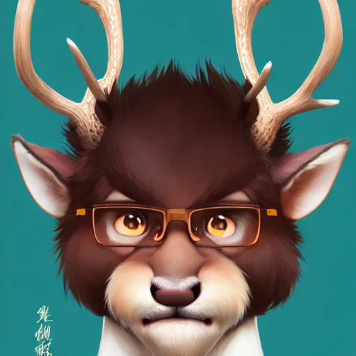 Image similar to character design portrait of a stupid chinese anthropomorphic furry deer man with deer ears, short brown hair, wearing a suits, looking at the camera, 4 k, concept art, by wlop, wenjun lin, watercolor, ilya kuvshinov, artgerm, krenz cushart, pixiv.