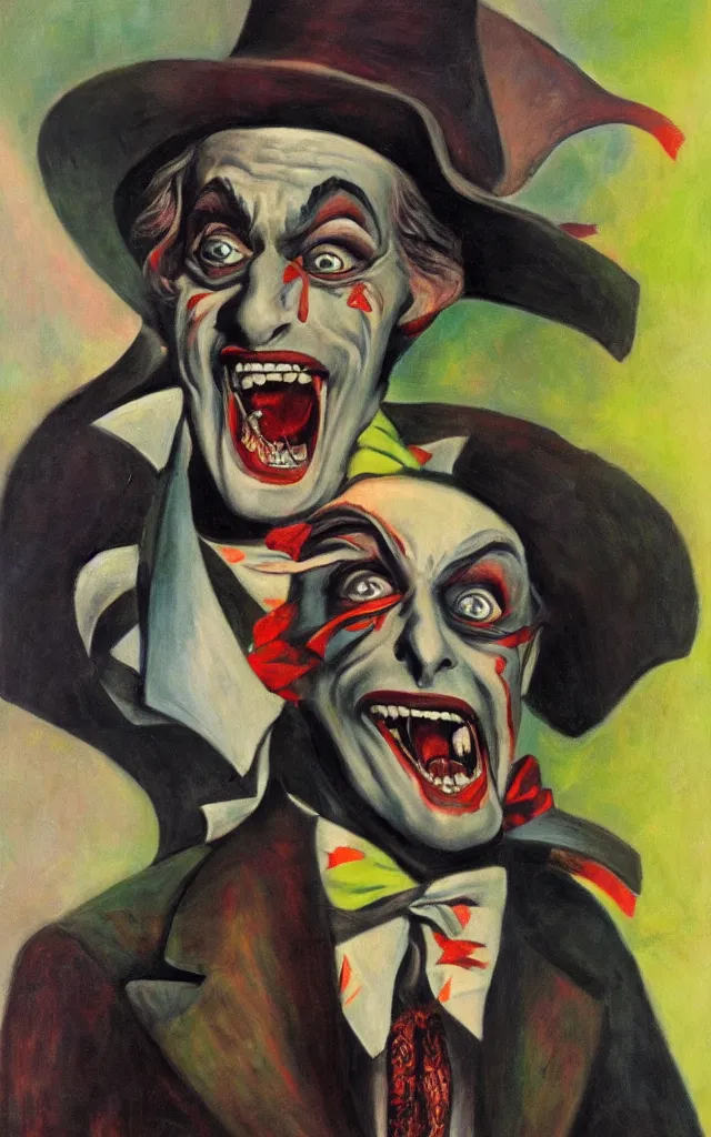 Prompt: portrait of conrad veidt the man who laughs wide grin, award winning oil surrealist painting, sharp color palette