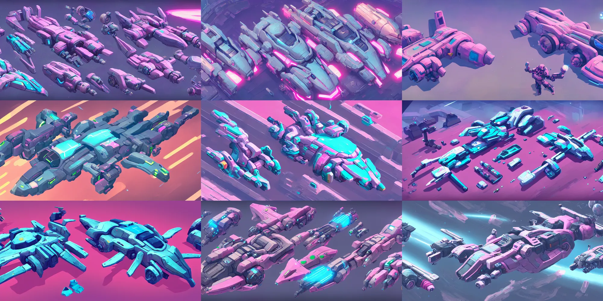 Prompt: game asset of metaverse vehicles and spaceship, big medium small parts, in gouache detailed paintings, props, stylized, 2 d sprites, kitbash, arcane, overwatch, blue and pink color scheme, 8 k, close up