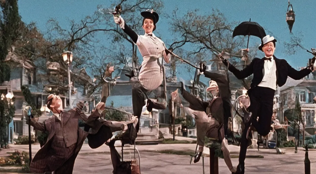 Image similar to Elon Musk as Mary Poppins, still from Mary Poppins (1964)