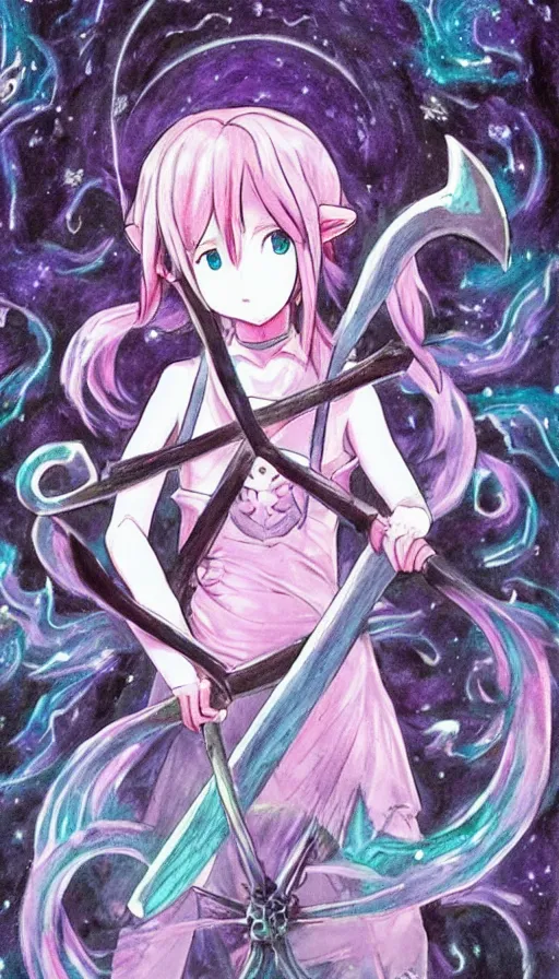 Image similar to a beautiful link drawing of the being death as a cute anime girl with a giant scythe from a studio ghibli film inspired by the death tarot card, dark vibes, pastel colors, cosmic, high quality