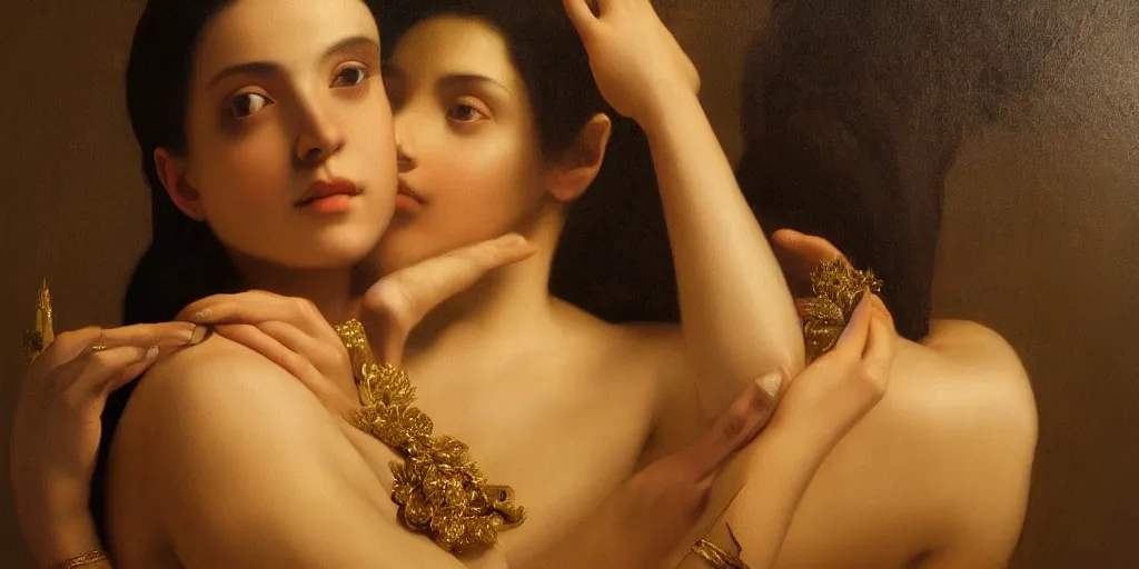 Image similar to beautiful oil matte portrait painting, women with gold skin showered with diamonds, wonderful masterpiece highly detailed, beautiful cinematic light deep focus, elegant, digital painting, smooth, sharp focus, golden ratio, dramatic illumination, ultra realistic, 8 k, art by artemisia lomi gentileschi and caravaggio