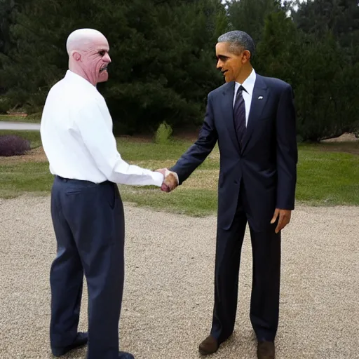 Image similar to press photo of Obama shaking hands with Walter White