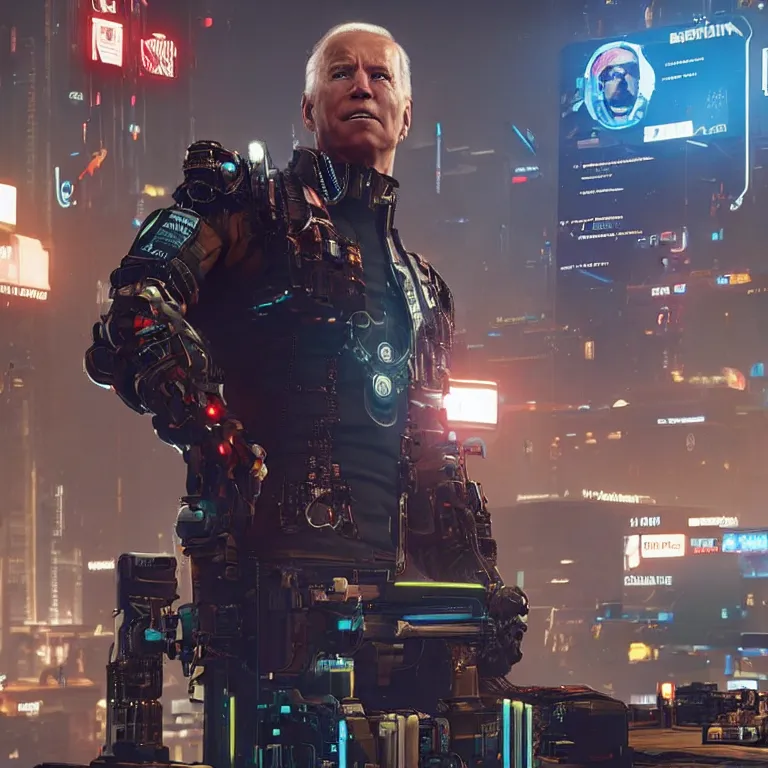 Prompt: joe biden as a cyborg in cyberpunk 2 0 7 7, technological, movie footage, high - tech, still frame