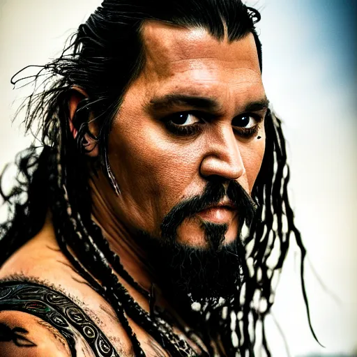 Image similar to portrait of johnny depp as khal drogo from games of thrones, mascular, symmetrical, nikon 3 5 mm photography, ultrarealistic