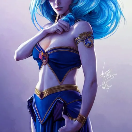 Prompt: Ashley Greene with blue hair as Sailor Moon, western, D&D, fantasy, intricate, elegant, highly detailed, digital painting, artstation, concept art, matte, sharp focus, illustration, art by Artgerm and Greg Rutkowski and Alphonse Mucha