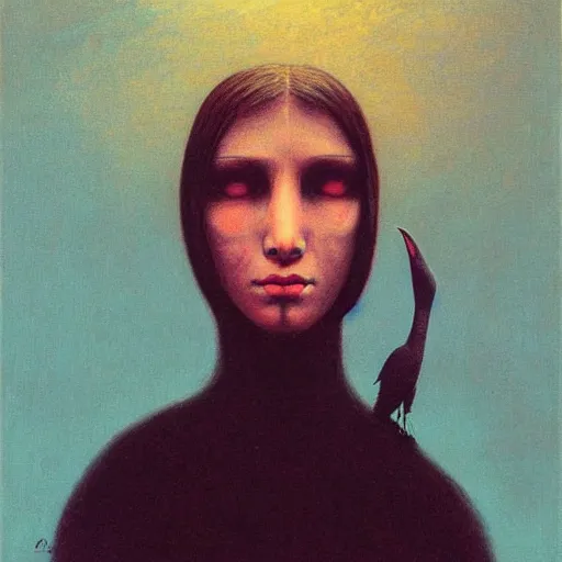 Prompt: young teen female with head of raven, painting by Beksinski