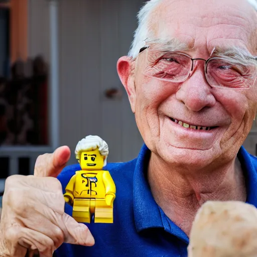 Image similar to an old man holding up a lego figure to the camera