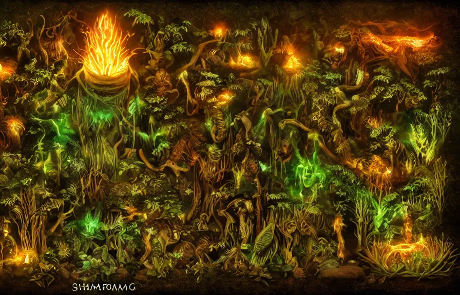 Image similar to shaman, summoning fire / water / light, out of bones / fern / light, green man, misty forest, glowing fungus, cinematic, golden ratio, wavy are the most prompts i used + plenty of variations for building up the details