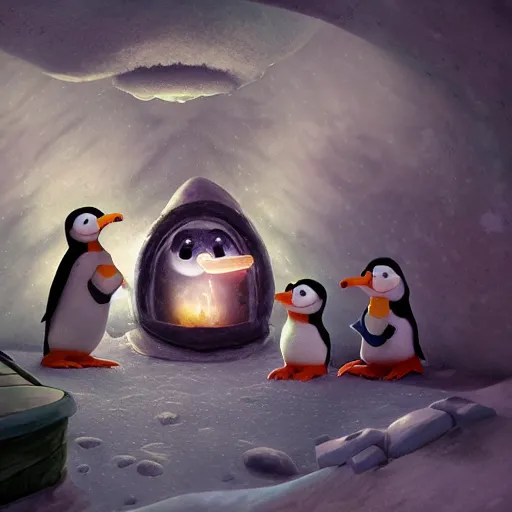 Image similar to Pingu the penguin in an Igloo, claymation, arctic, summer, 8k resolution matte fantasy painting, cinematic lighting, DeviantArt, Artstation, Jason Felix Steve Argyle Tyler Jacobson Peter Mohrbacher