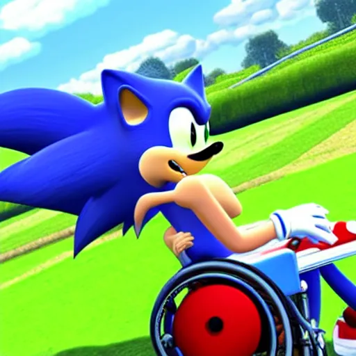 Image similar to geriatric sonic the hedgehog in a wheelchair, Sega video game