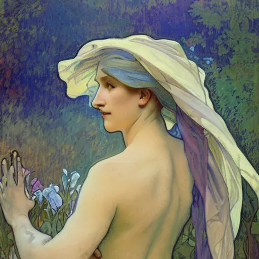 Prompt: tempera composed by alphonse mucha, by meredith marsone, by alexandre cabanel. the sculpture of two lakes in connecticut, with mountains in the distance.