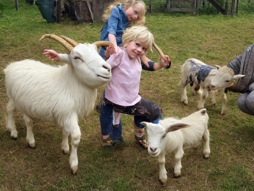 Prompt: a blond child with a goat. the goat is her best friend and they go on adventures together. in the style of pixar's'up'