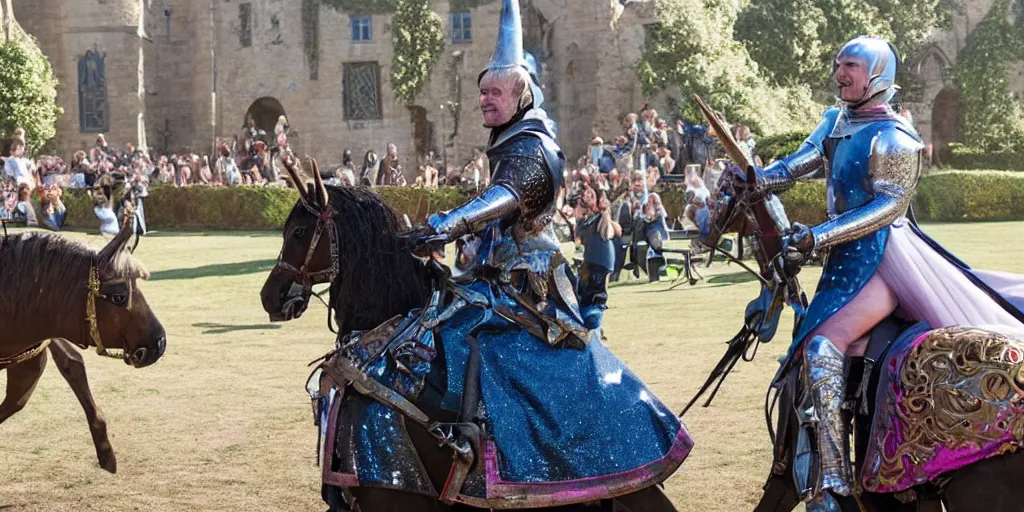 Image similar to stephen hawking jousting on a sparkly unicorn the last knight cinematic