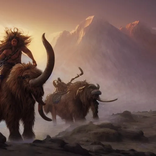 Image similar to Magic The Gathering art action shot of troll warriors riding wooly mammoths in the tundra, drawn by Donato Giancola and Tom Bagshaw, Edmund Leighton, Alphonse Mucha, 4k, volumetric lighting, intense battle scene award winning, octane render, hyperrealistic