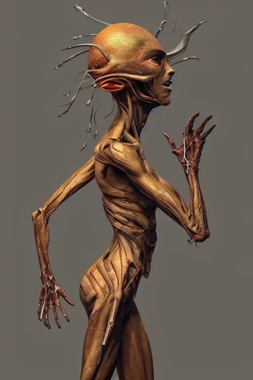 Image similar to beautiful teen alien character design, full body, whole body, one face, dystopian, biopunk, skin details, digital painting, sculpted in zbrush, artstation, concept art, smooth, sharp focus, illustration, chiaroscuro, soft lighting, golden ratio, rule of thirds, fibonacci, incredible art by Stanley Artgerm Lau and Greg Rutkowski, composition by pascal blanché and Simon Stalenhag,