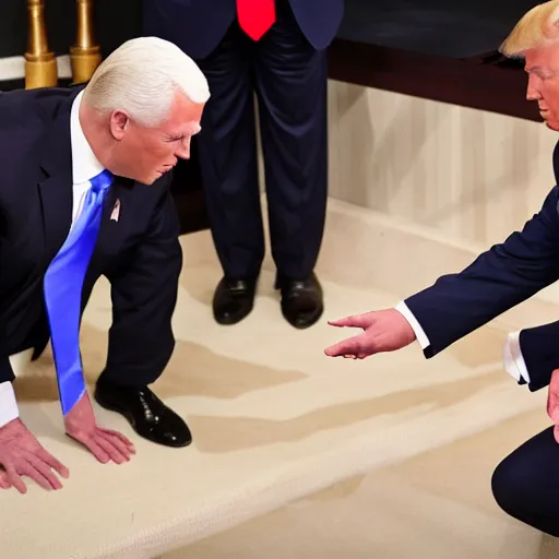 Prompt: Mike pence kneeling down next to Donald trump helping him put his belt on, 8k,