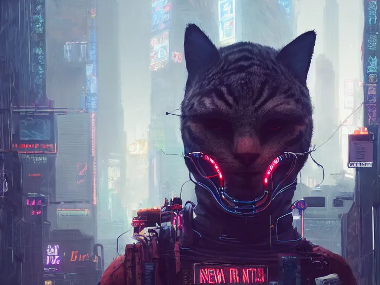 Image similar to new york city portrait of furry anthro anthropomorphic cat head animal person fursona wearing clothes strange cybernetic muzzle gloomy rainy screenshot from the video game cyberpunk 2077 digital art by Greg Rutkowski, Simon Stalenhag, christopher nolan trending on Artstation, CGSociety