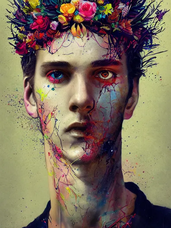 Prompt: art portrait of man with flower crown,by tristan eaton,Stanley Artgermm,Tom Bagshaw,Greg Rutkowski,Carne Griffiths,trending on DeviantArt,face enhance,chillwave,minimalist,cybernetic, android, blade runner,futuristic,full of colour,