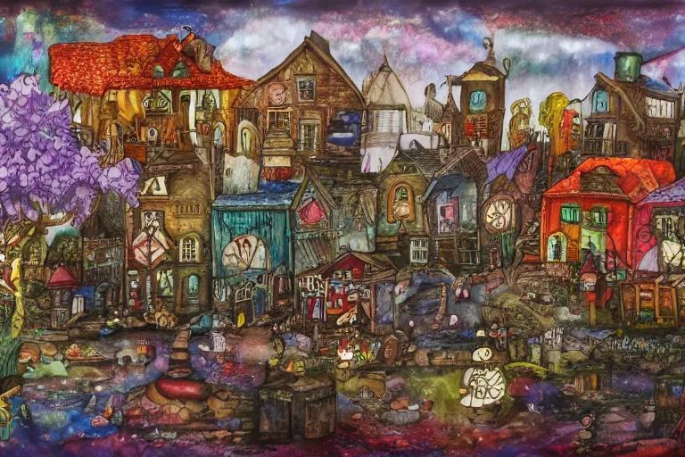 Prompt: a fantasy town, mixed media on canvas, 2 d, whimsical,