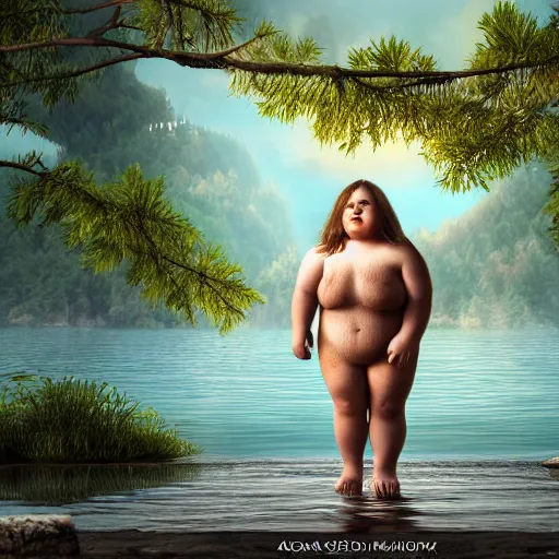 Prompt: spectacular ancient little fat girl with fur cloth, standing on the edge of the beautiful lake. clear beautiful fat face. morning time. an amazingly beautiful scene. beautiful lighting, 4 k post - processing, trending in art station, cg society, highly detailed, 5 k extremely detailed, 3 d. cinematic scene.