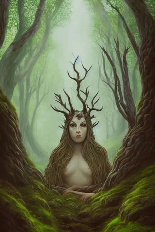 Image similar to gaelic forest spirit, qirin, god, deity, serene, wide angle, super highly detailed, professional digital painting, artstation, concept art, smooth, sharp focus, no blur, no dof, extreme illustration, Unreal Engine 5, Photorealism, HD quality, 8k resolution, cinema 4d, 3D, beautiful, cinematic, art by artgerm and greg rutkowski and alphonse mucha and loish and WLOP