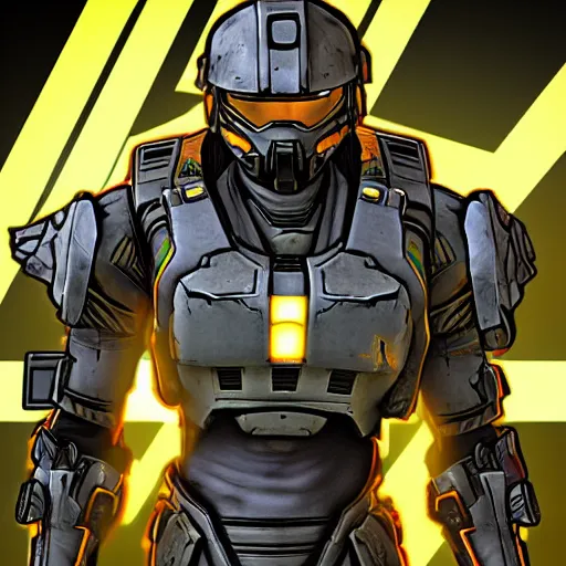 Prompt: master chief in the style of borderlands