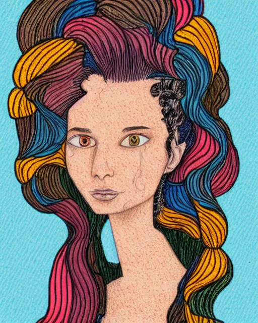 Prompt: a young woman with an extravagant hair style, colored pencil rendering graphic collage in the style of Erica Rose Levine