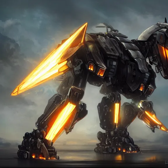 Image similar to hyper realistic, epic, highly detailed cinematic shot of a gigantic feral robot mecha canine, sharp dragon claws, cannon mounted on back, sleek armor, glowing visor, destroying city, digital art, furry art, macro art, dragon art, furaffinity, deviantart, sofurry