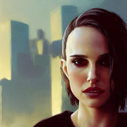 Image similar to closeup portrait of natalie portman from the movie leon the professional, matilda, hitman, city background, dramatic light, gorgeous view, depth, high detail, digital art, painted by greg rutkowski and seb mckinnon, by tim burton, trending on artstation