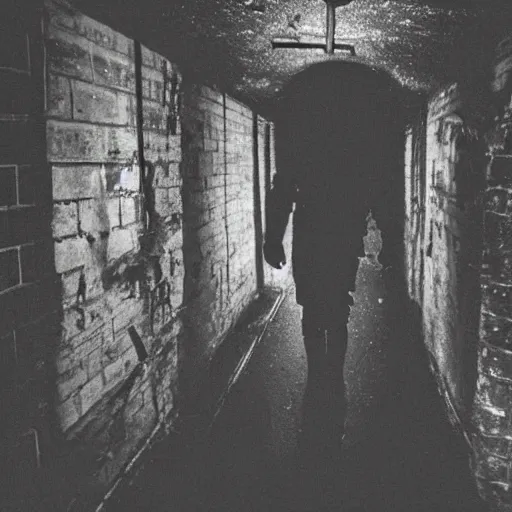 Image similar to down in the sewers of london, dark damp atmosphere, water dripping from the moss covered ceiling, a sinister dark figure is standing at the end of the sewer,