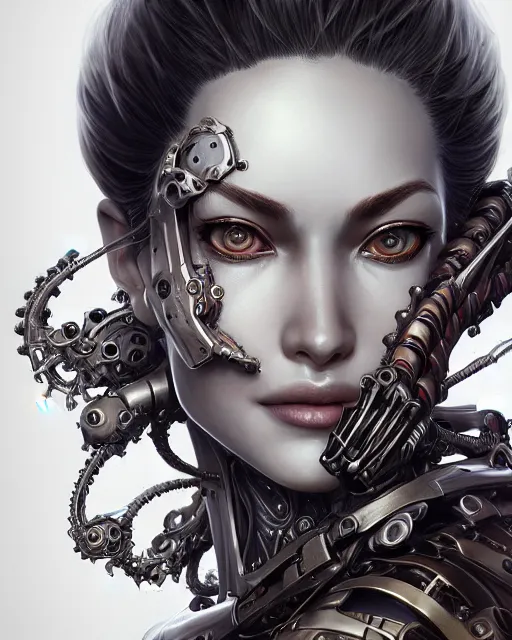 Image similar to portrait of stunning female biomechanical super soldier absurdly beautiful, gorgeous, elegant, an ultrafine hyperdetailed illustration by kim jung gi, irakli nadar, artgerm, intricate linework, octopath traveler, final fantasy, unreal engine 5 highly rendered, global illumination, radiant light