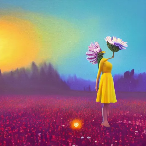 Image similar to giant daisy flower head, frontal, girl in a yellow suit, surreal photography, sunrise, dramatic light, impressionist painting, digital painting, artstation, simon stalenhag