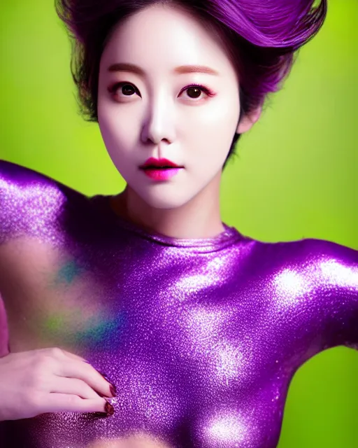 Image similar to photos of beautiful actress HoYeon Jung with Purple colored skin makeup as the purple skinned Green Lantern soranik natu as she soars thru outer space, HoYeon Jung, photogenic, purple skin, short black pixie like hair, particle effects, photography, studio lighting, cinematic