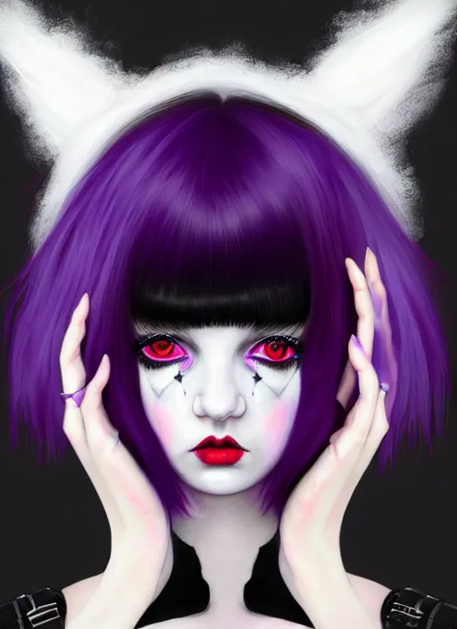 Image similar to portrait of white teenage girl, normal face, black bangs, mall goth, cyberlox, black hair with white bangs, black and white hair, bangs, fluffy bangs, red contacts, purple lipstick, intricate, elegant, highly detailed, digital painting, artstation, concept art, sharp focus, smooth, illustration, art by wlop, mars ravelo and greg rutkowski