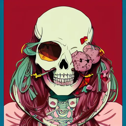 Image similar to anime manga skull portrait girl female bubblegum skeleton illustration hyperrealistic art Geof Darrow and will cotton alphonse mucha pop art nouveau