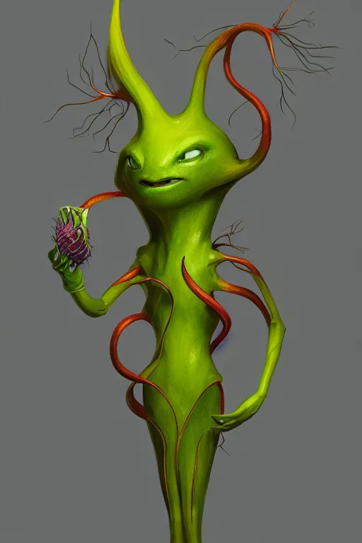 Image similar to anthropomorphic, mutant carnivorous plant, full body, character design by Disney and Pixar, sculpted in zbrush, minimal, dystopian, big eyes with eyelashes,extremely detailed, digital painting, artstation, concept art, volumetric lighting, golden ratio, rule of thirds, fibonacci
