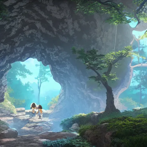 Image similar to beautiful painting of Entrance to a dungeon at the base of an ancient mountain in the morning light, in the style of Studio Ghibli, by Hayao Miyazaki. Octane Render, Unreal Engine, PBR, realistic lightning