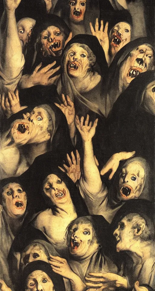 Image similar to human body being eaten by a group of eloquent, orderly nuns by francisco goya, gothic, lovecraftian, 4 k, realistic, high detail, gruesome