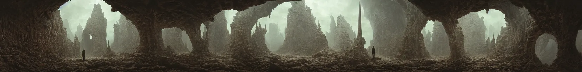 Image similar to 360 photo of fantasy dungeon with hidden monsters behind the pilars, Les Edwards, Zdzislaw Beksinski, Carl Gustav Carus, John Harris, Michal Karcz, Zhang Kechun, Mikko Lagerstedt, Scott Listfield, Steven Outram, Jessica Rossier.