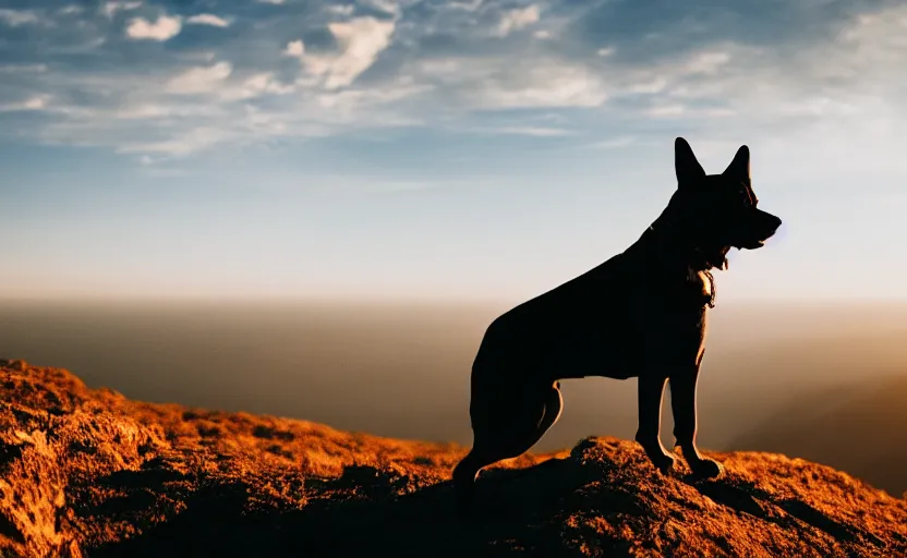 Prompt: movie still of a dog standing on top of a mountain, silhouette, natural light, cinematic lighting, 8 k