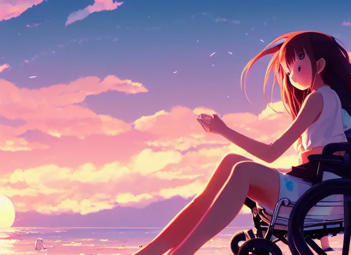 Prompt: panoramic of cute girl, sunset sky in background, beach landscape, illustration concept art anime key visual trending pixiv fanbox by wlop and greg rutkowski and makoto shinkai and studio ghibli and kyoto animation, futuristic aerodynamic wheelchair, symmetrical facial features, future clothing, backlit