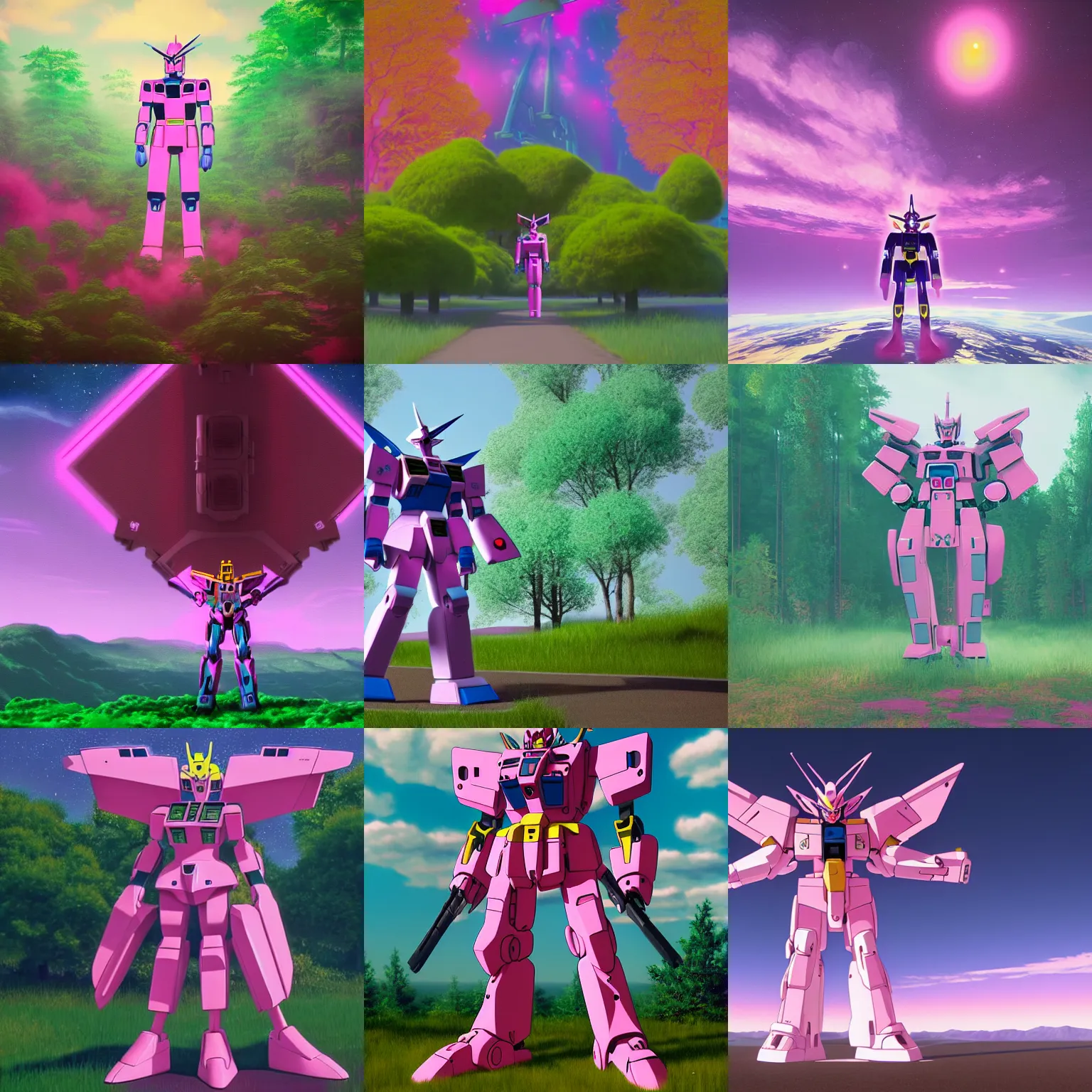 Prompt: a painting of pink gundam mecha stands over the colorful forest 4 k unreal engine cg society by rene magritte