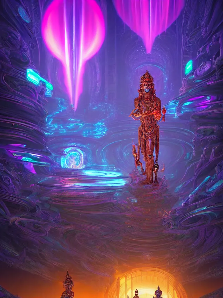 Image similar to entrance to ethereal realm, cybergod vishnu, rendered in unreal engine, central composition, symmetrical composition, dreamy colorful cyberpunk colors, 6 point perspective, fantasy landscape with anthropomorphic!!! terrain!!! in the styles of igor morski, jim warren and rob gonsalves, intricate, hyperrealistic, volumetric lighting, neon ambiance, distinct horizon