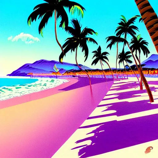 Prompt: a beautiful painting of a sunny day at a large beach filled with hundreds of palm trees by hiroshi nagai and hirohiko araki, detailed line art, vaporwave color scheme