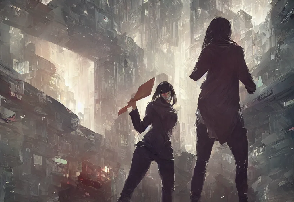 Image similar to angry woman holding placard, detailed digital illustration by greg rutkowski, android netrunner